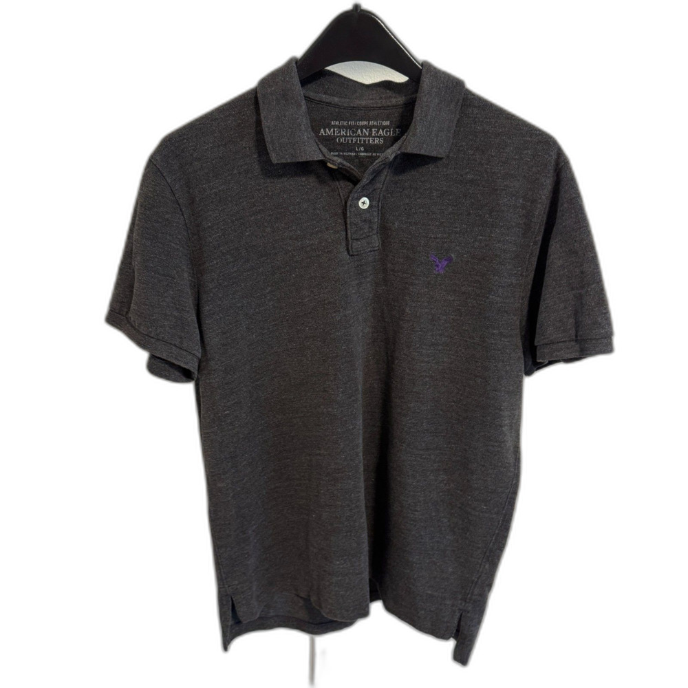 American Eagle Men's Gray Polo Purple Logo Size Large Preppy Cotton Casual Golf